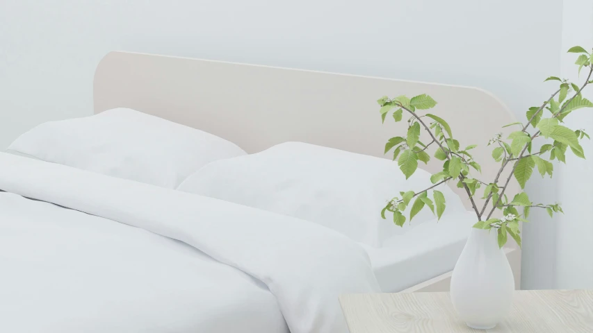 a white bed with a plant in a vase