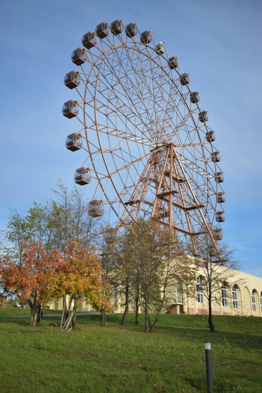 a giant ferris wheel at the end of a grassy hill