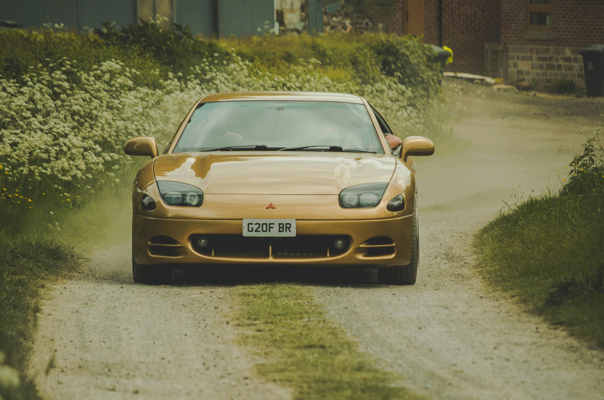 a gold sports car in front of some tall grass