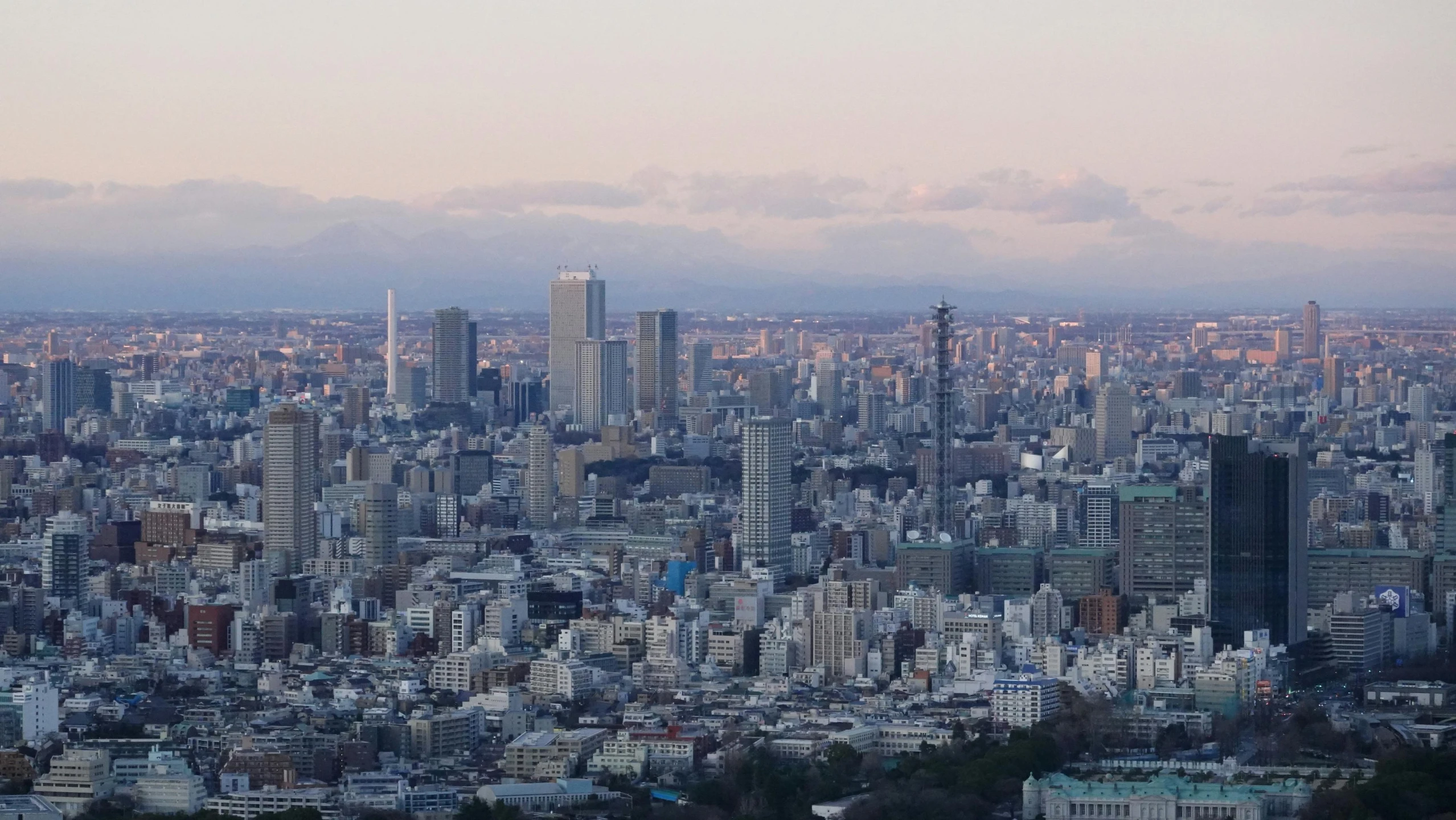 the view from the top of the skyscr building shows the city in the background