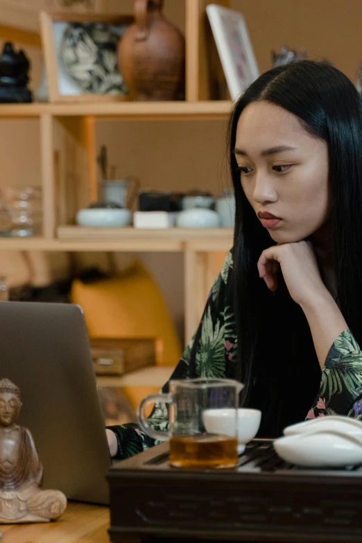 a woman looking at a laptop in her living room