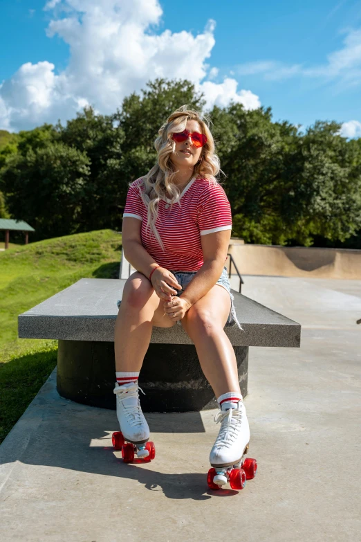 a person sitting on a bench wearing roller skates