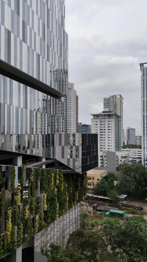 the buildings are tall and have some green plants growing on them