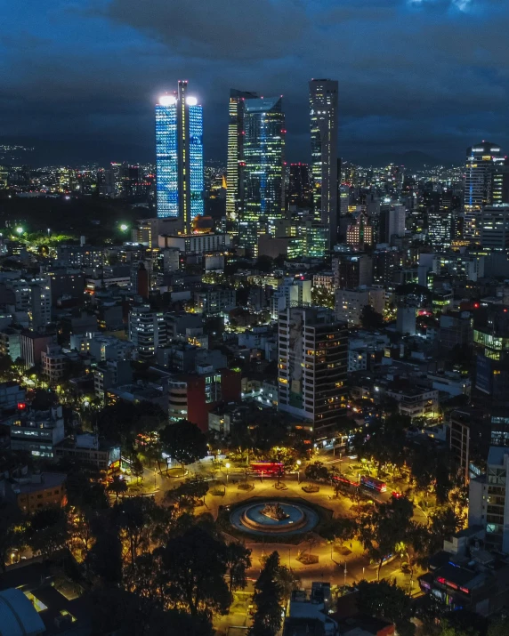 a city at night in the evening is seen