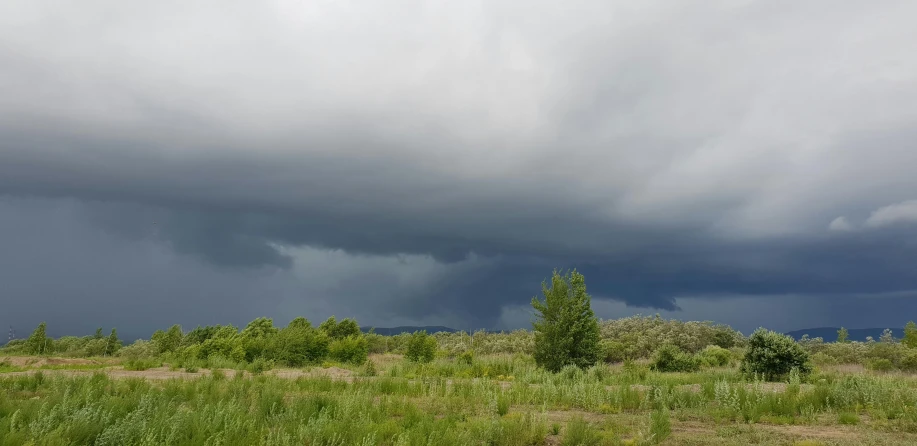 there is a large wall cloud coming in over the grass