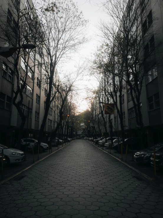 the street in front of this residential building has cars parked along the sides