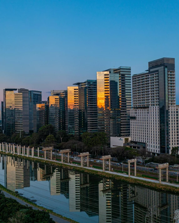 a picture of a skyline and a reflection in the water