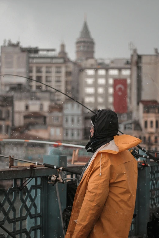 man fishing on a rainy day in the rain