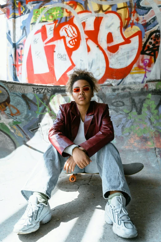 a man sitting in the concrete with a skateboard