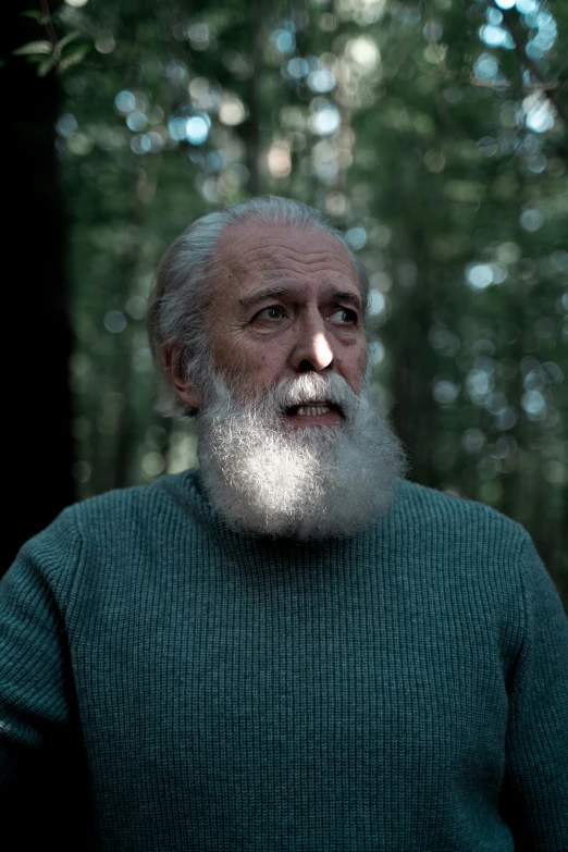 a man wearing a green sweater in a forest