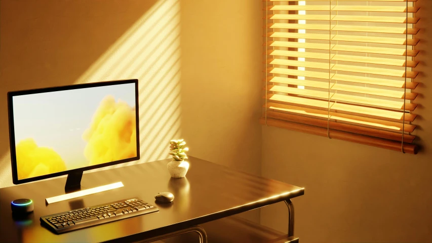 a computer desk with an extra wide screen monitor on top