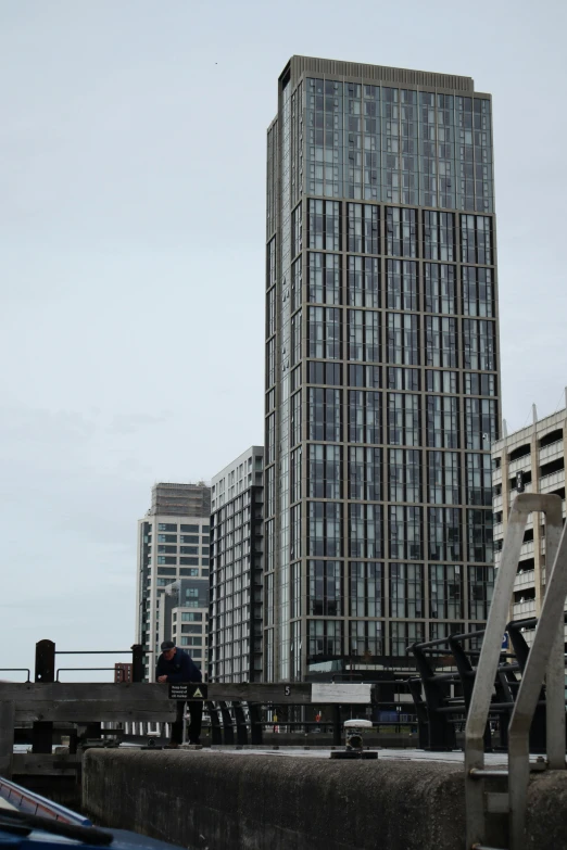 a tall building is seen in the background