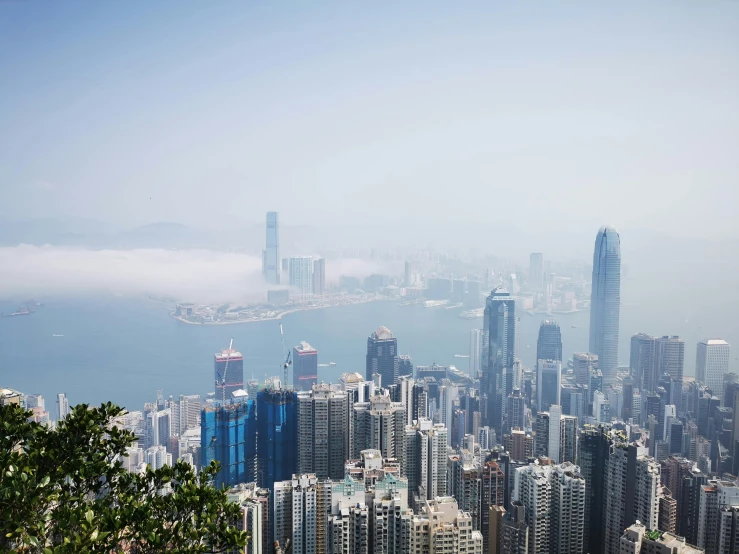 large city buildings and skyscrs sit on the side of a large body of water