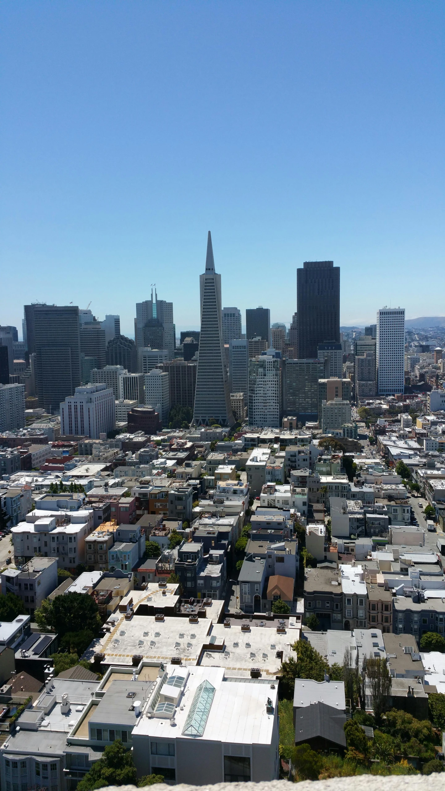 aerial view of a city, including buildings and a clear blue sky