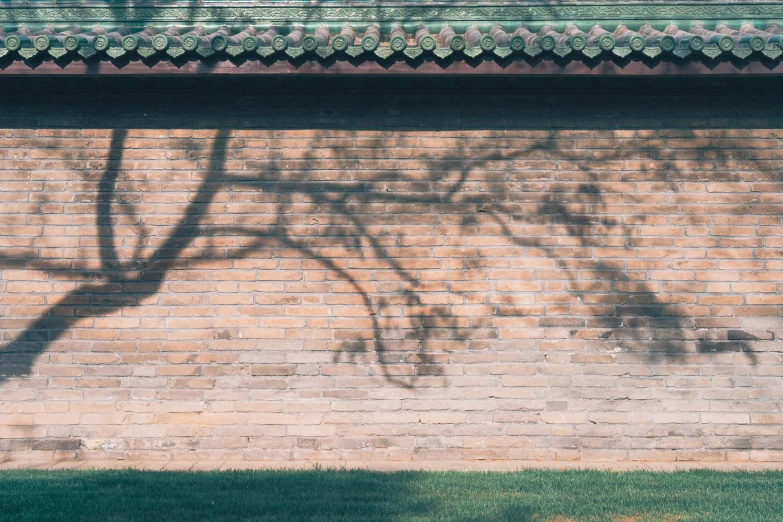 a bench with shadow on a brick wall