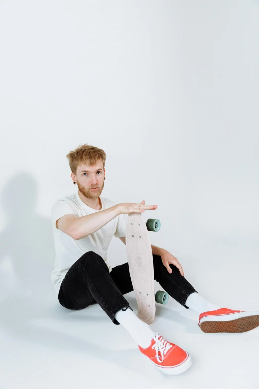 a man is sitting on the floor with his skateboard