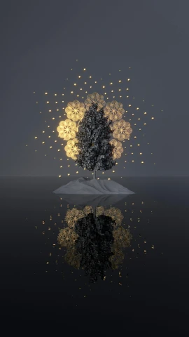 the tree is illuminated in golden stars