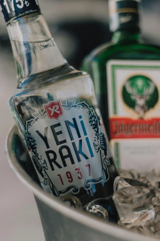 bottles of gin and ice are on display