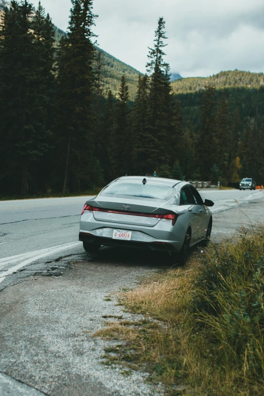 a gray sports car traveling on a road near trees