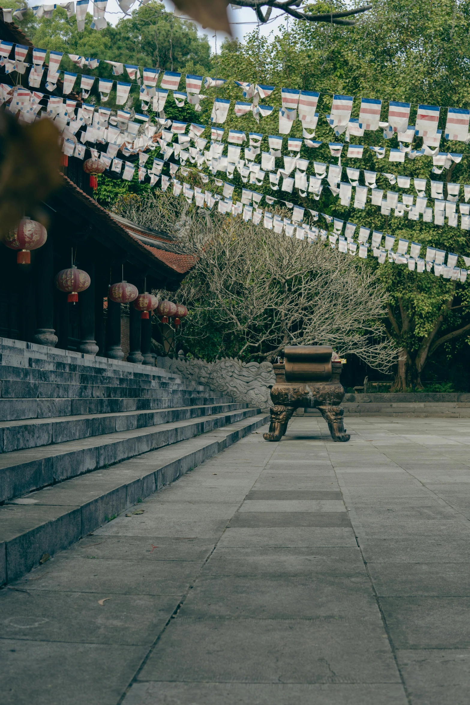 the view of a stone steps from behind them with cards on them