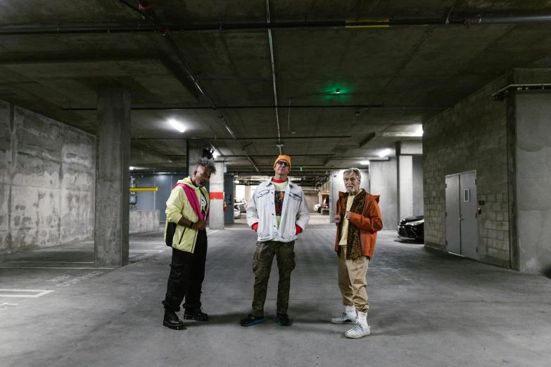 three men standing inside of a garage while talking