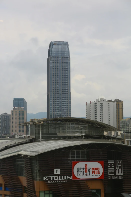 tall buildings stand near each other in front of a cloudy sky