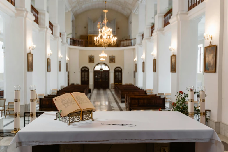 a view of a large church with several pews