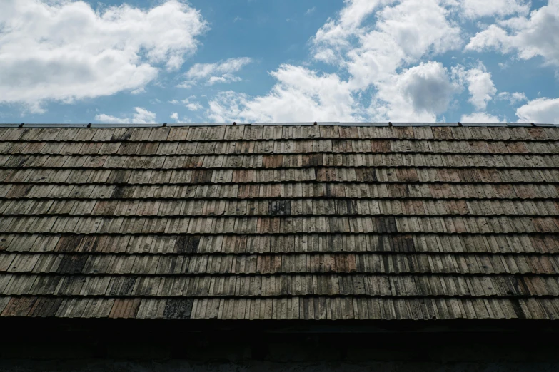 looking up at the shingled roof and sky