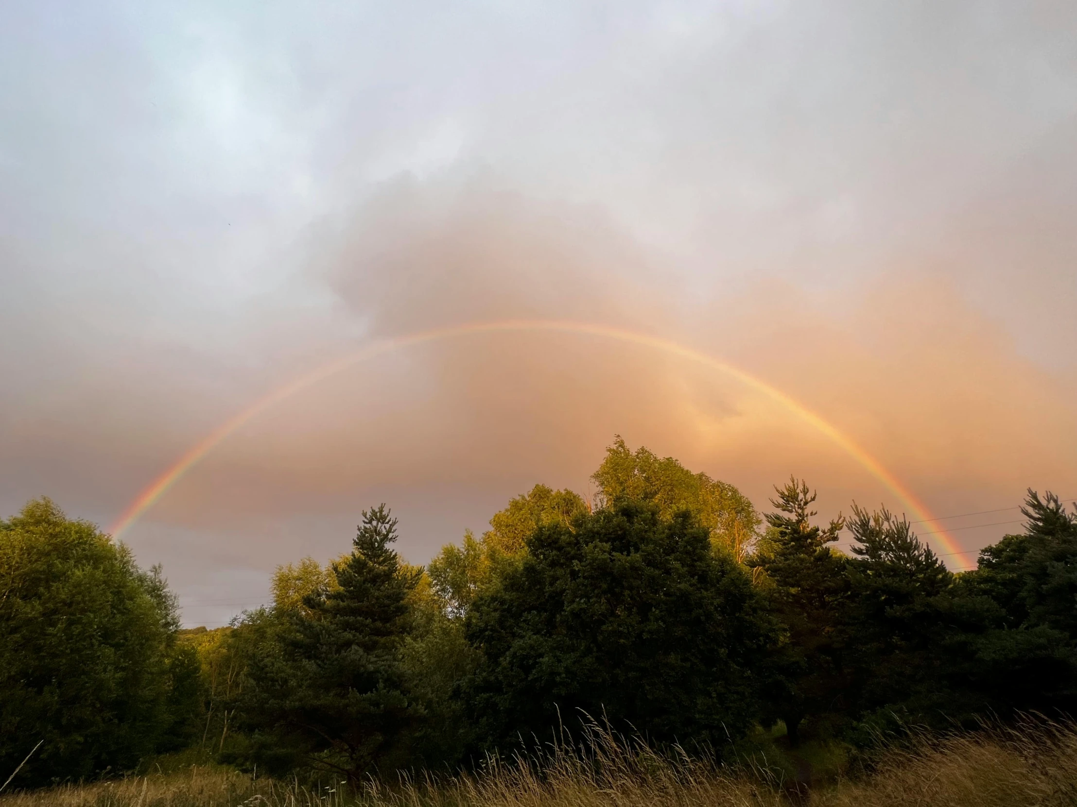 two rainbows are shown through the clouds over a pasture