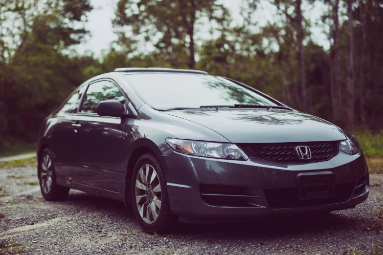 a gray car sits in front of trees