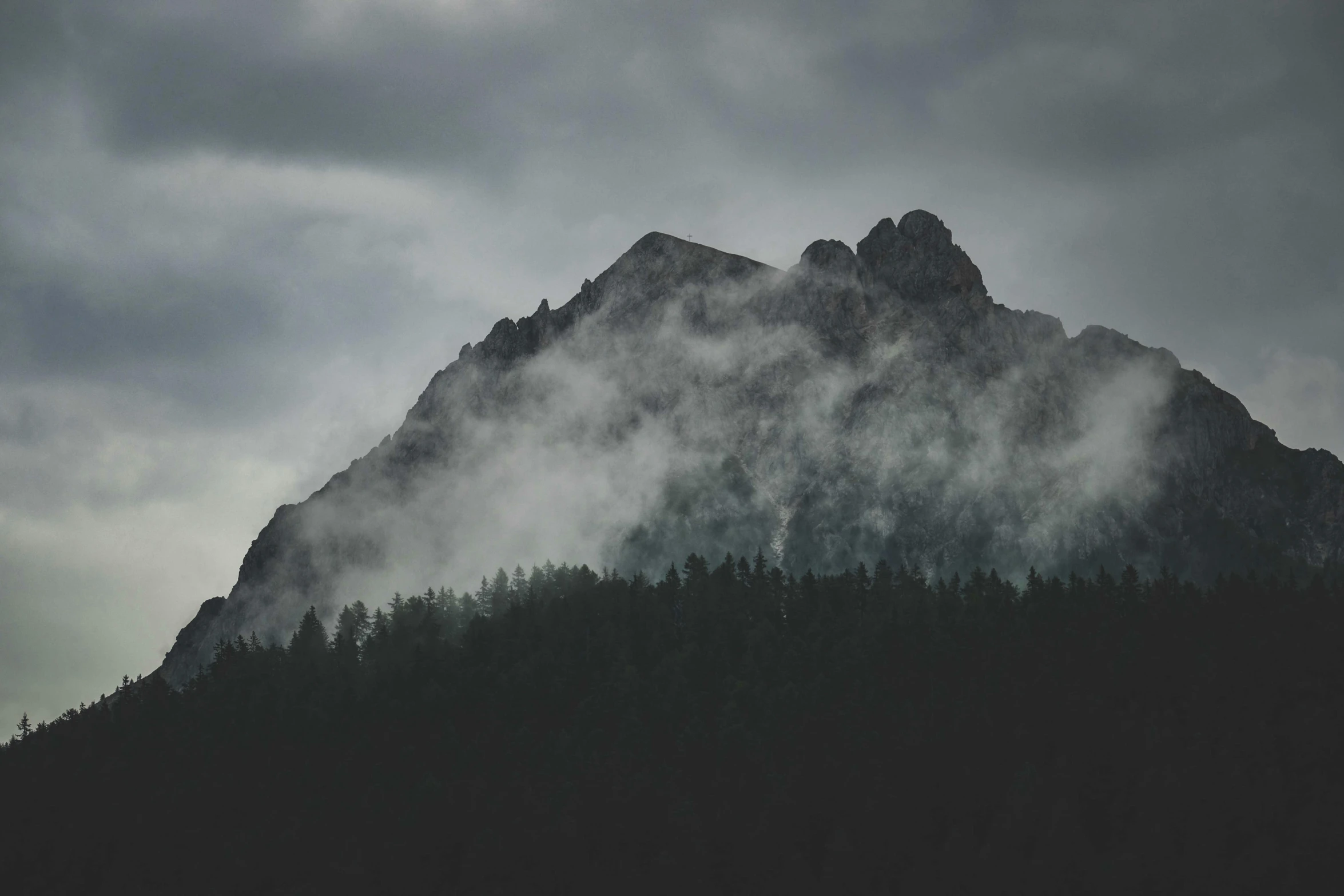 mountains are covered in fog with trees below