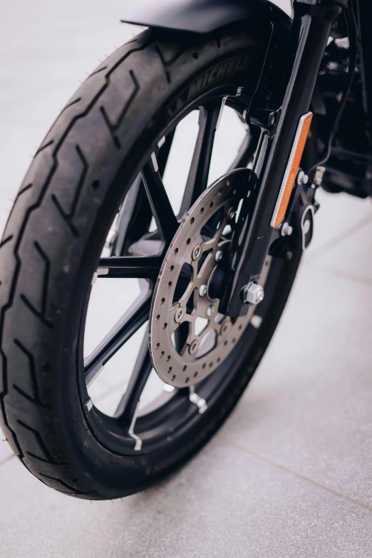 the front wheel and tire on a motorcycle