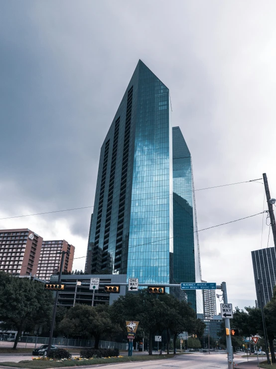 an image of the city skyline from across the street