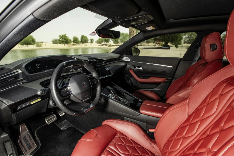 a view from inside a car with leather seats