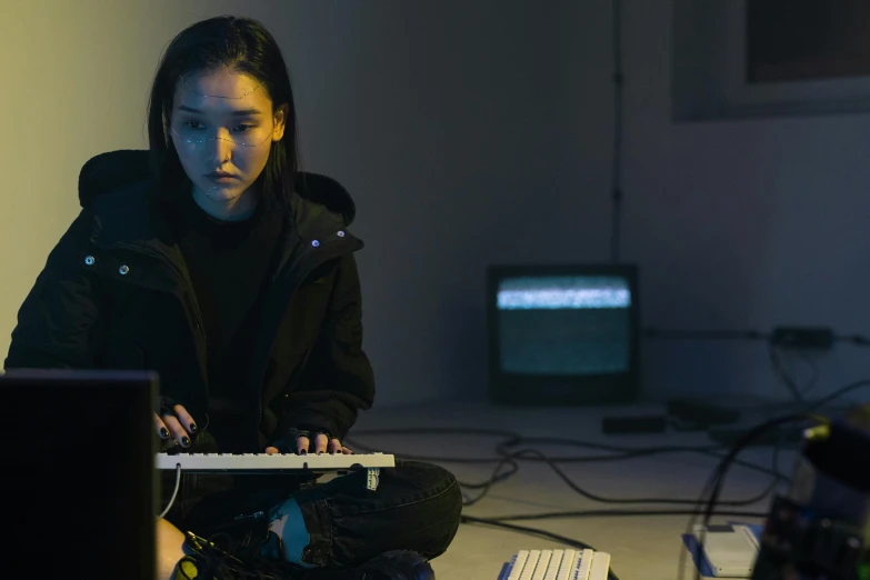 woman on computer surrounded by electronics and laptops