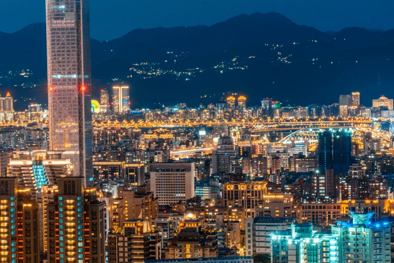 this night time scene is an aerial view of the cityscape