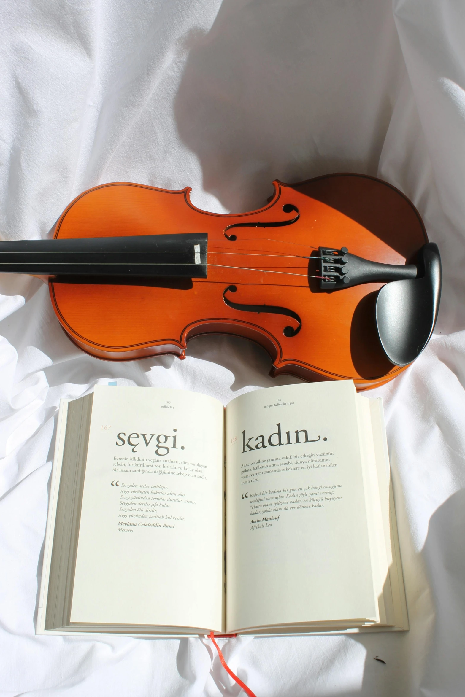 a violin on a table next to a book