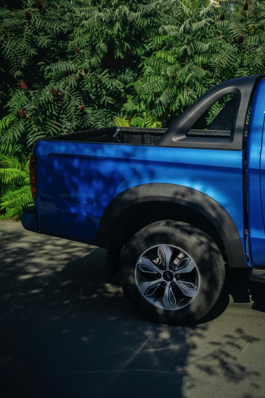 a blue truck parked by some trees