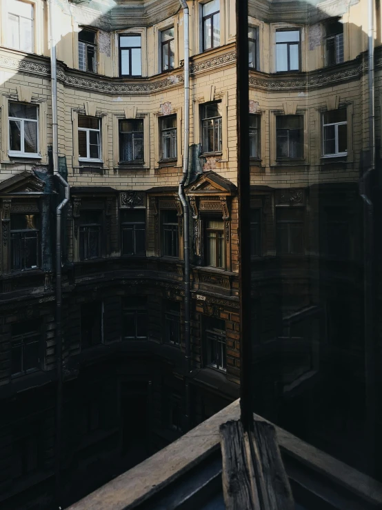 an aerial view of the roofs of some old building