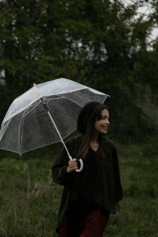 a girl with an umbrella is walking in the rain