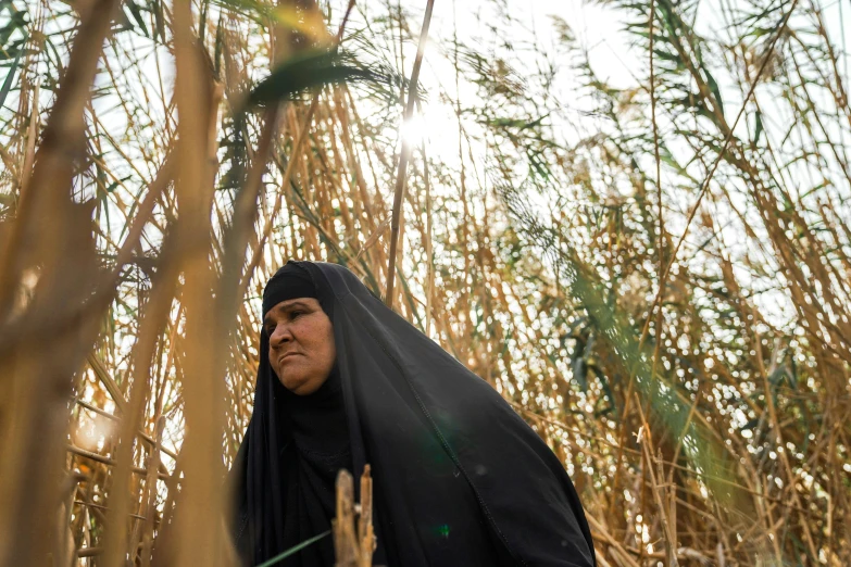 a woman in black in a corn field