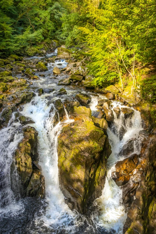 a waterfall in the woods surrounded by large rocks