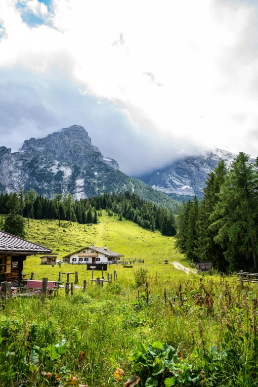 two cabins in the grass near mountains in the background