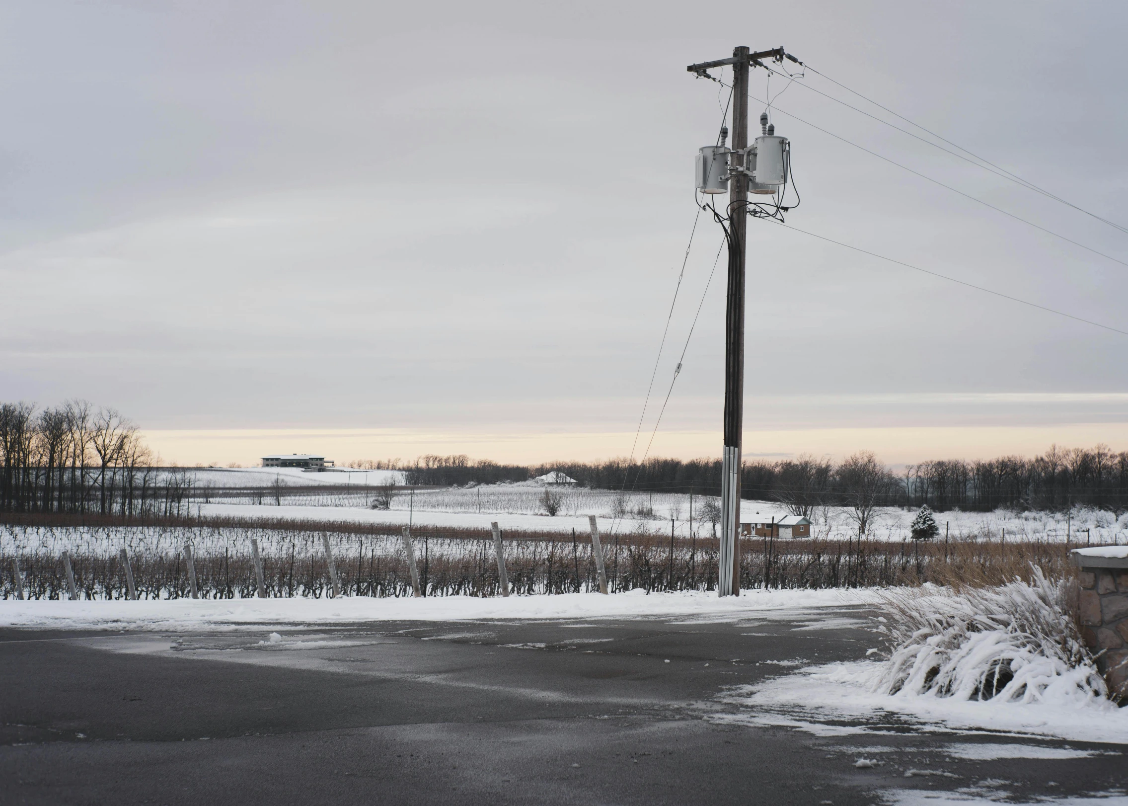 an intersection and telephone pole near a snowy field