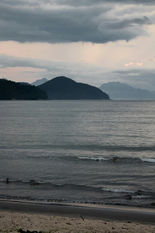 the large body of water is under a cloudy sky