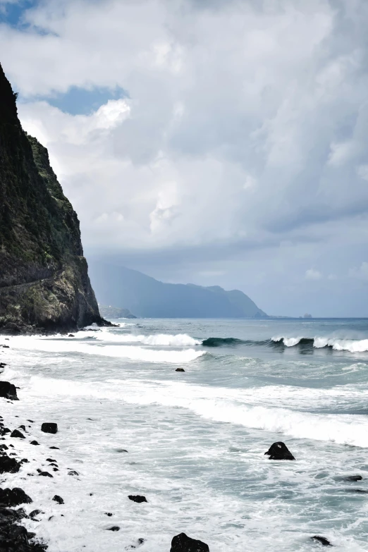 a very rocky beach and a bunch of waves