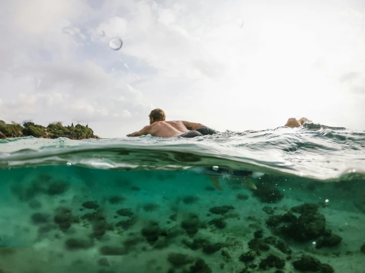 a man is floating in the water while lying on his back