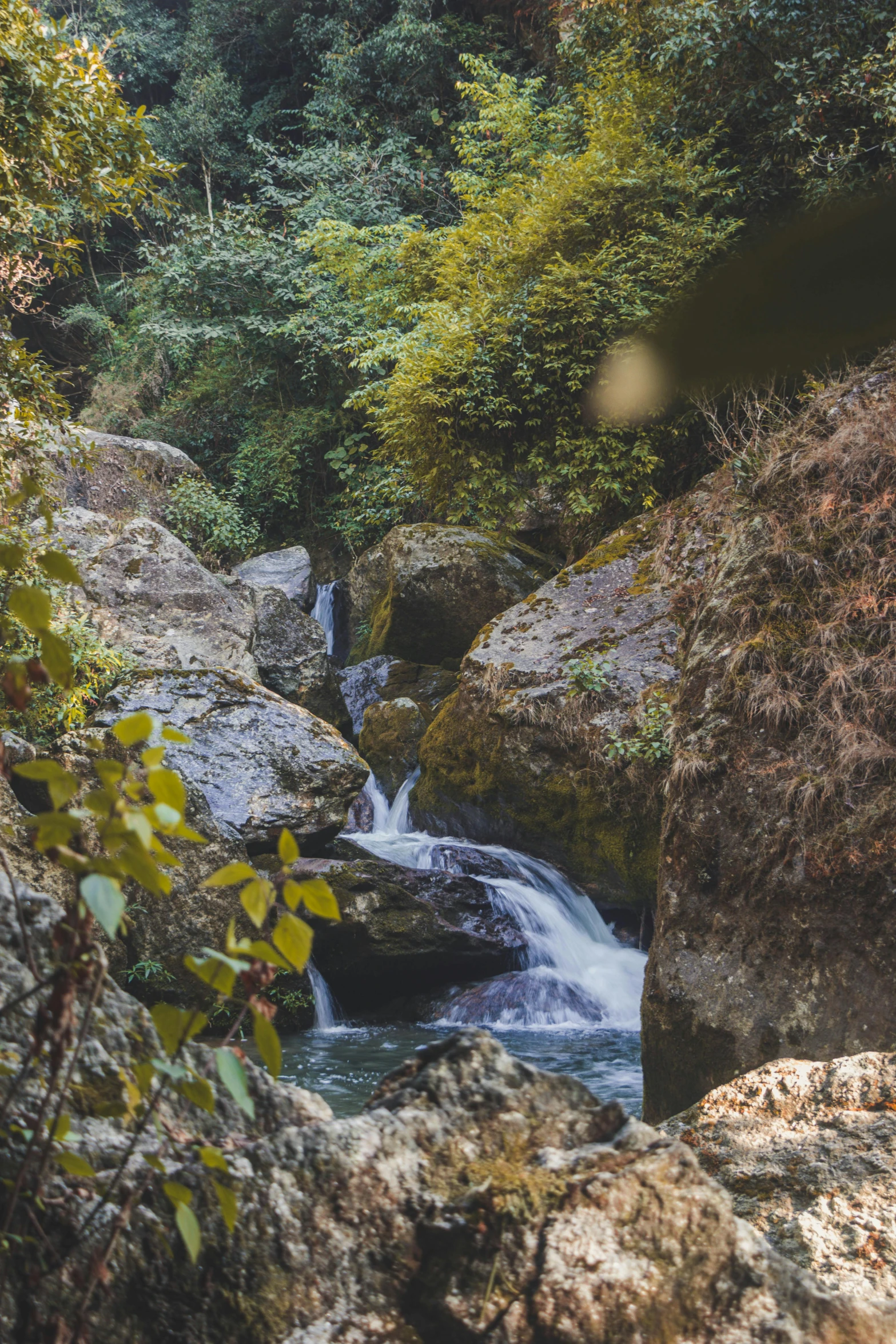 the water is flowing over the rocks into the river