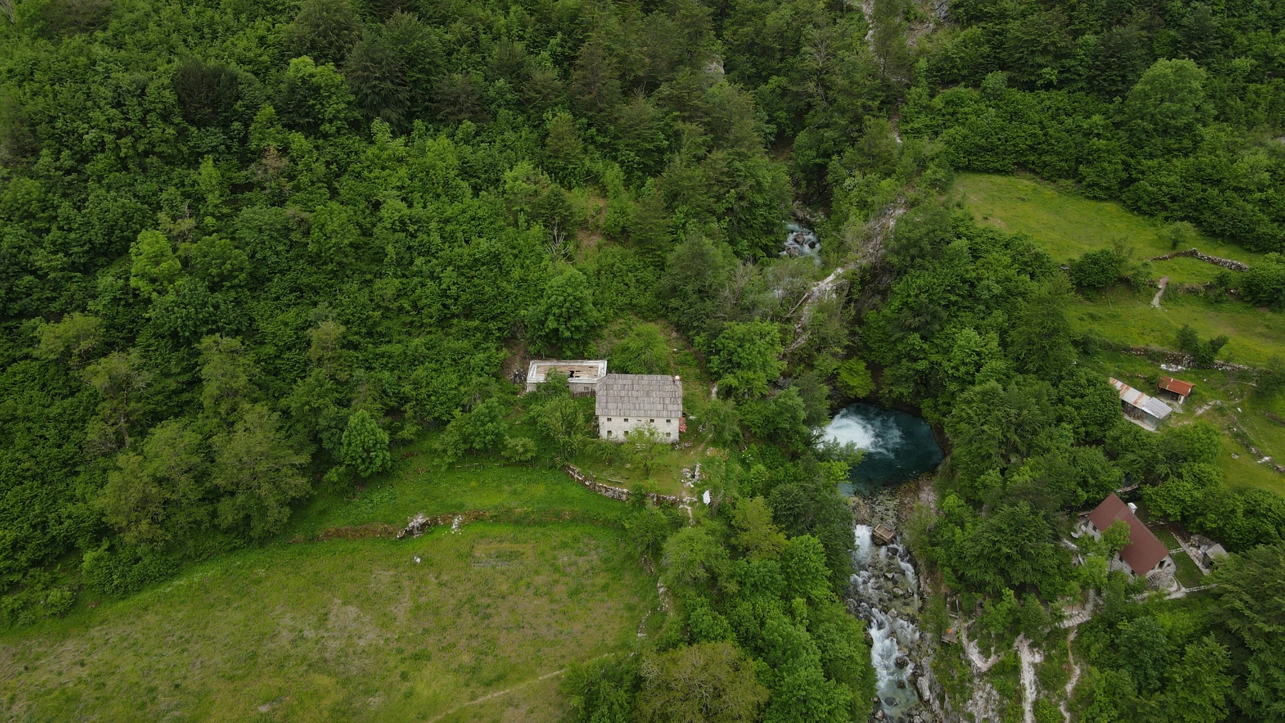 a small cabin is nestled among the lush green forest