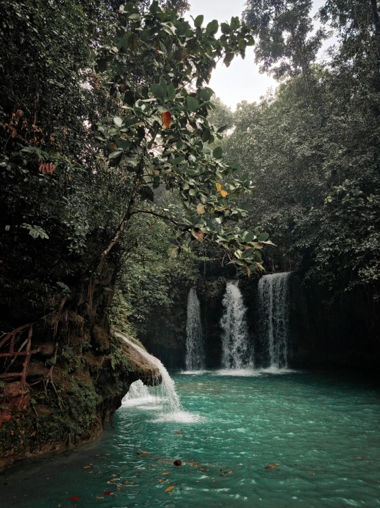 a waterfall surrounded by trees and water